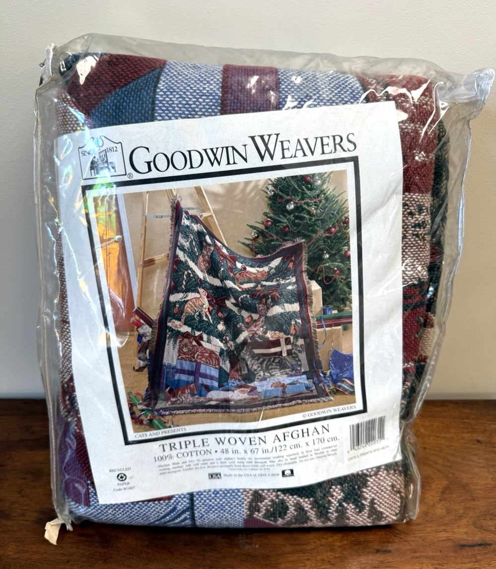 Vintage Goodwin Weavers Cats Presents Triple Woven Afghan Christmas NOS 48x67